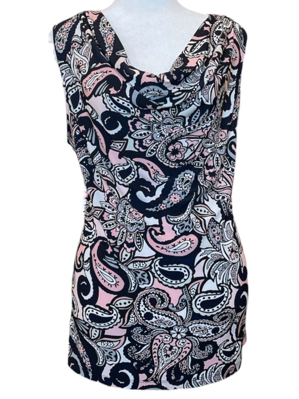 Pretty Pink Black & White Paisley Cowl Neckline Sleeveless Shell Blouse Tank Top
